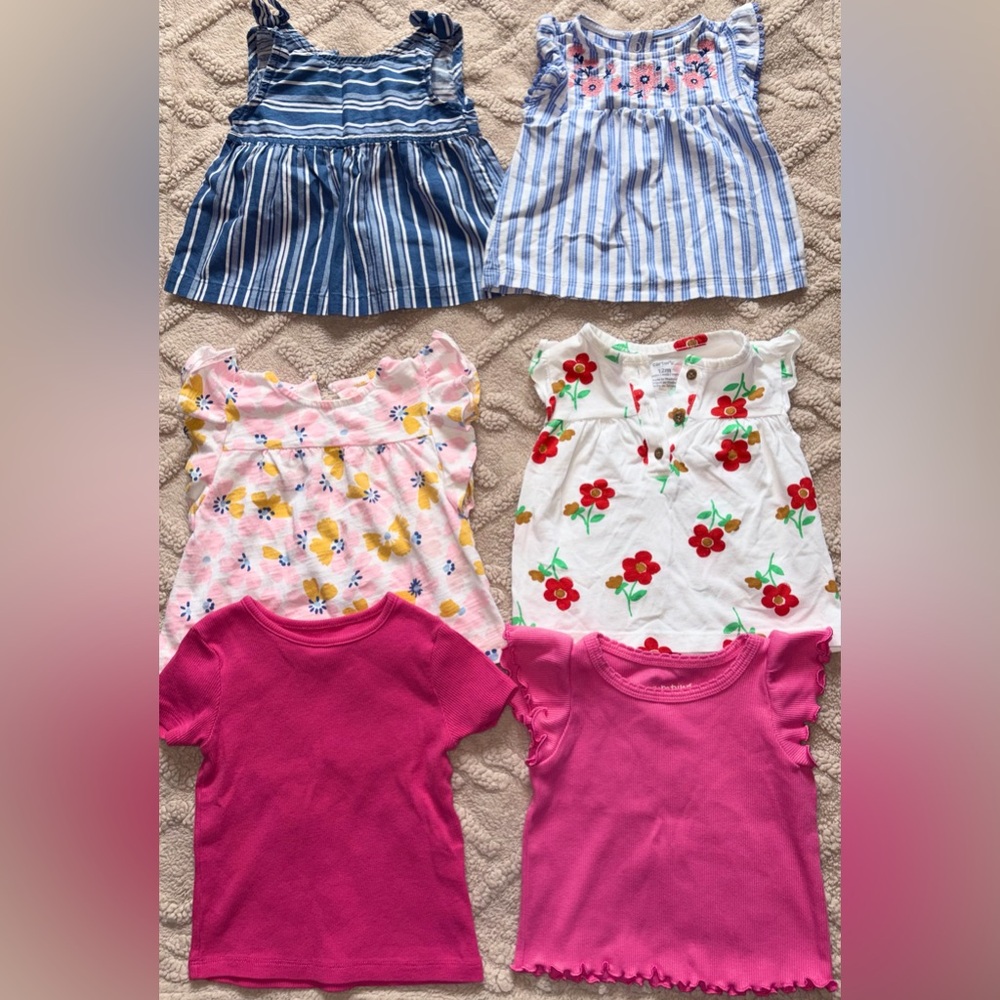 Girl 12M Shirt Bundle - Short Sleeve Floral Blouses & Ribbed T-Shirts, Lot Of 6